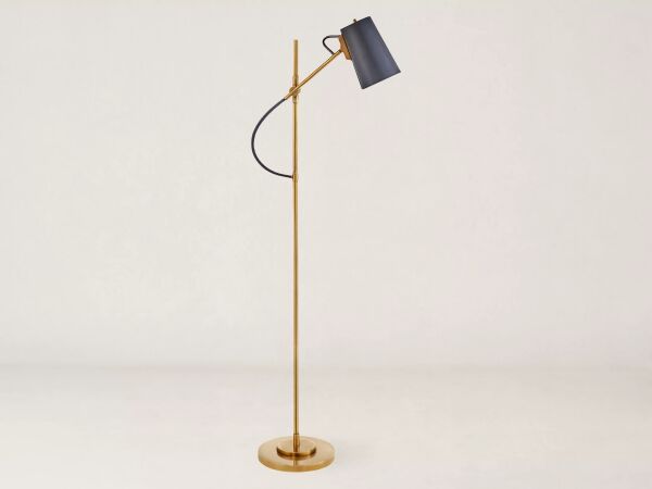 BENTON ADJUSTABLE FLOOR LAMP IN NATURAL BRASS WITH NAVY LEATHER SHADE