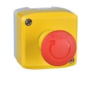 XALK1781H29 Control station, Harmony, plastic, yellow, 1 red mushroom head push button 40mm, emergency stop turn to release, 1 NC, legend holder EMERGENCY STOP