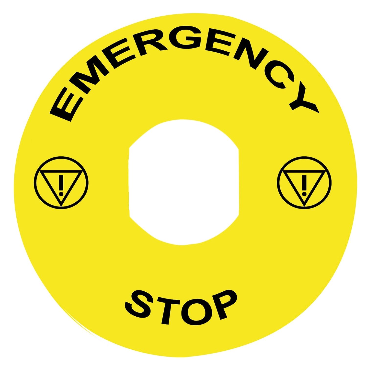 ZBY8330 Marked legend, Harmony XB4, plastic, yellow, 90mm, for emergency stop, marked EMERGENCY STOP with logo ISO13851