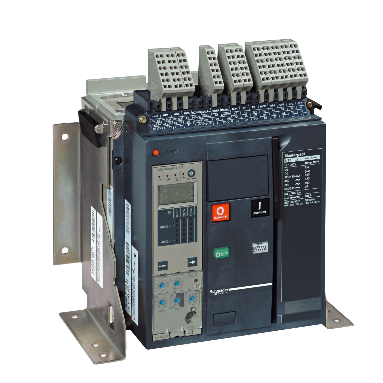 NT10H13PML2EHH Circuit breaker frame, MasterPact NT10H1, 1000A, 42kA/440VAC 50/60Hz (Icu), 3 poles, fixed, with control unit (47130)
