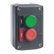 XALD211H29 Control station, Harmony XALD, plastic, dark grey, 1 green flush 1 red projecting push button, 22mm, spring return, legend holder marked STOP START