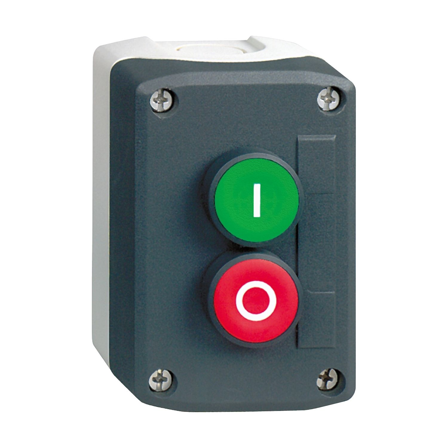 XALD213 Harmony XALD, XALK, Control station, plastic, dark grey lid, 2 flush push buttons Ø22, marked I O, 1 NO + 1 NC