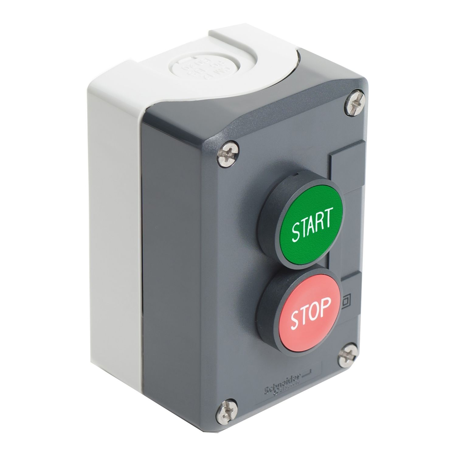 XALD215 Control station, Harmony XALD, XALK, plastic, dark grey lid, 2 flush push buttons 22mm, marked START STOP, 1NO+1NC