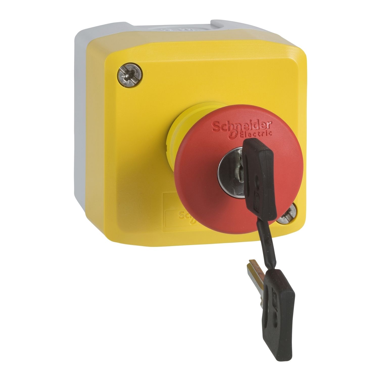 XALK188E Control station, Harmony XALD, XALK, plastic, yellow, 1 red mushroom head push button 40mm, emergency stop key release 1 NO + 1 NC, unmarked