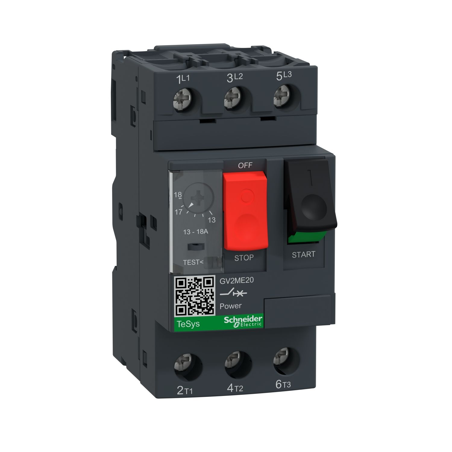GV2ME20 Motor circuit breaker, TeSys Deca, 3P, 13 to 18A, thermal magnetic, screw clamp terminals, button control