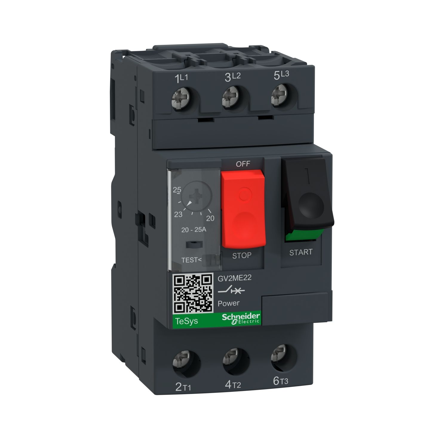 GV2ME22 Motor circuit breaker, TeSys Deca, 3P, 20 to 25A, thermal magnetic, screw clamp terminals, button control
