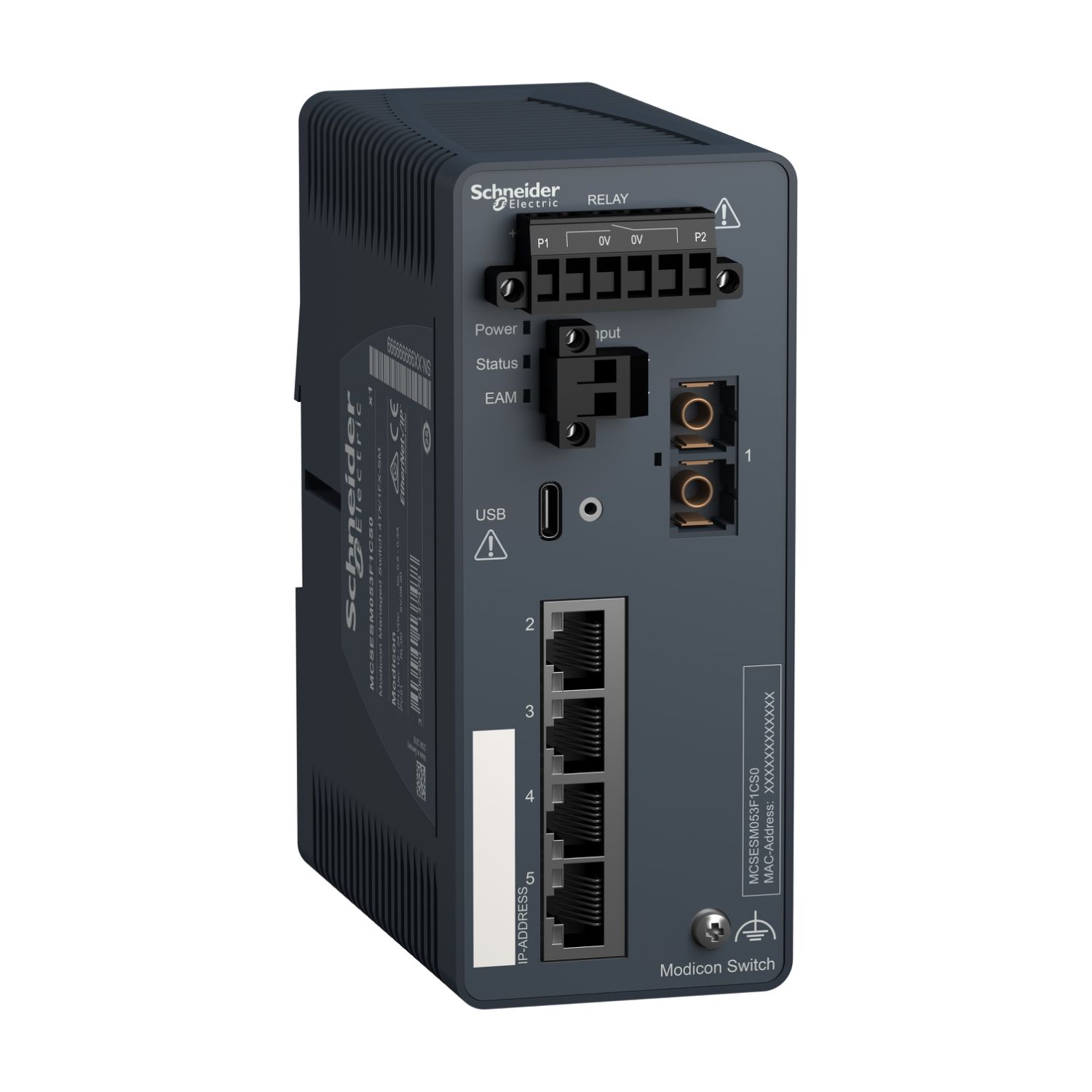 MCSESM053F1CS0 network switch, Modicon Networking, managed, 4 ports for copper with 1 port for fiber optic, singlemode