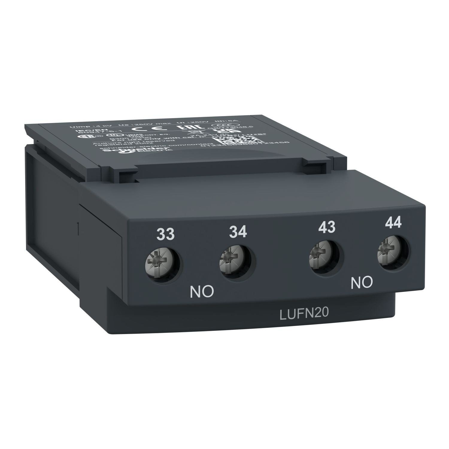 LUFN20 Auxiliary contacts, TeSys Ultra, 2NO, 250VAC/DC, Power pole status, screw terminal