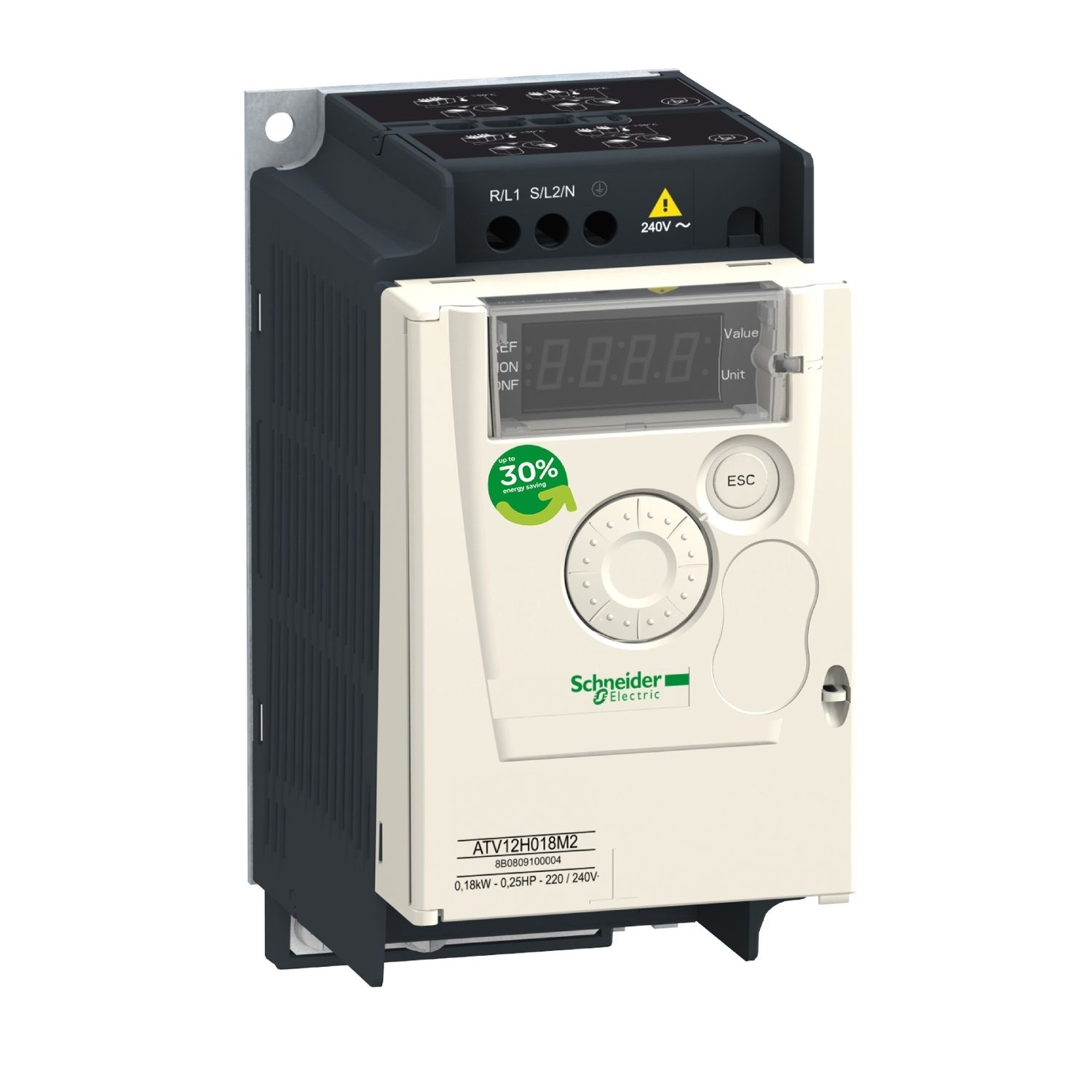 ATV12H037M2 variable speed drive, Altivar 12, 0.37kW, 0.55hp, 200 to 240V, 1 phase, with heat sink