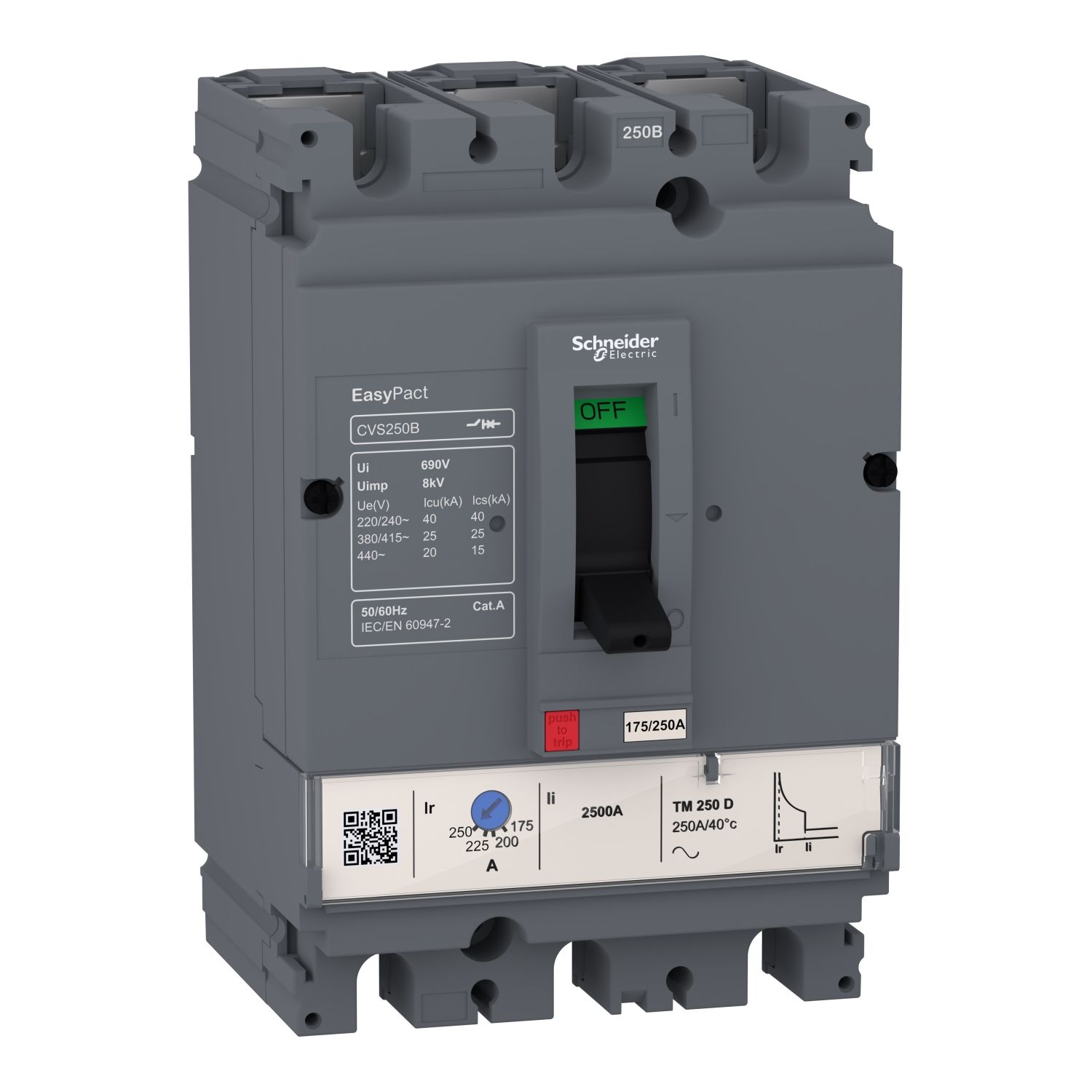 LV525302 circuit breaker, EasyPact CVS250B, 25kA at 415VAC, 200A, TM-D trip unit, 3P3d