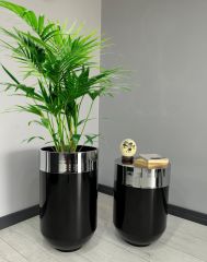 Dekoratif Krom Darbuka Parlak Siyah Saksı 70cm + Sehpa 60cm İkili Set