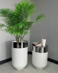 Dekoratif Krom Darbuka Parlak Beyaz Saksı 70cm + Sehpa 60cm İkili Set