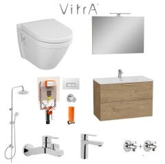 VitrA 80cm Altın Meşe Banyo Dolabı + Duş Sistemi + Batarya + S50 Klozet Set