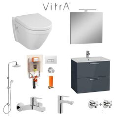 VitrA 60cm Antrasit Banyo Dolabı + Duş Sistemi + Batarya + S50 Klozet Set