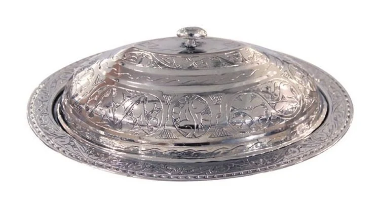 Bakır Nikel İşlemeli Oval Kapaklı Servis Tabağı 28x40 cm
