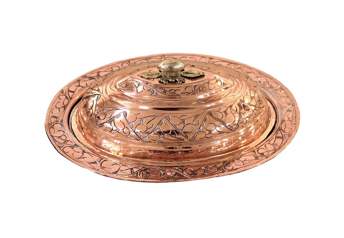 Bakır İşlemeli Oval Kebap Tabağı Kapaklı 28x40 cm