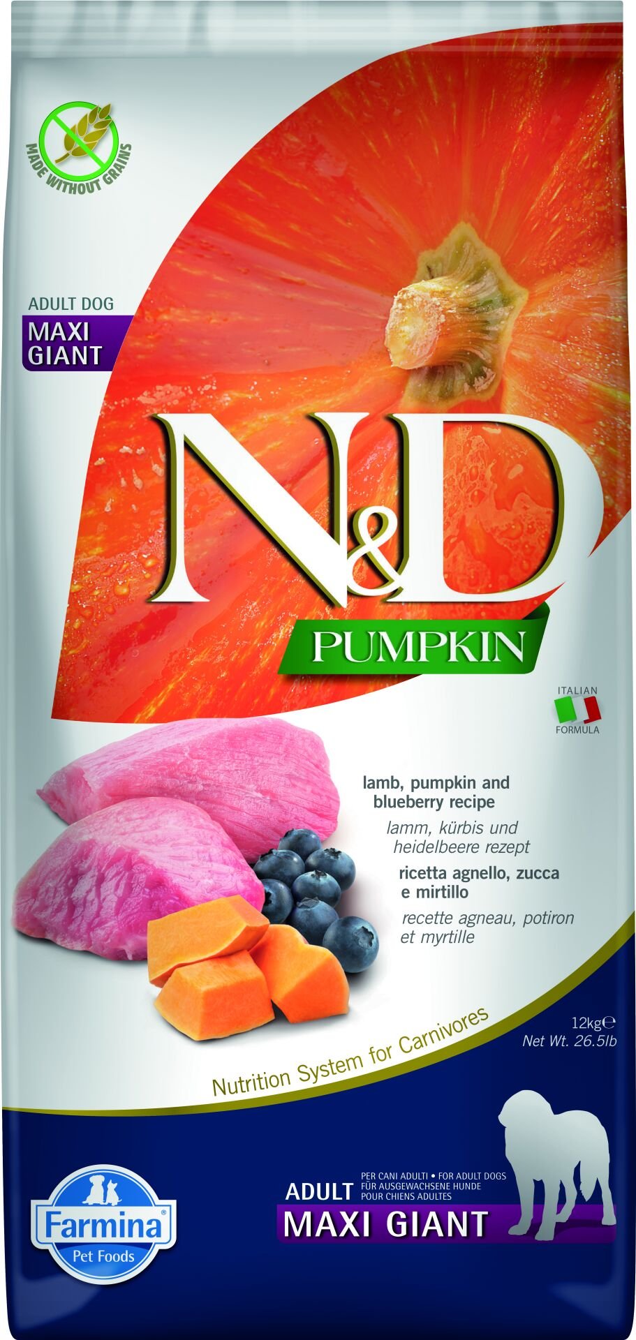 N&D Pumpkin Kuzu Etli Bal Kabaklı ve Yaban Mersinli Dev Irk Tahılsız Yetişkin Köpek Maması 12 Kg