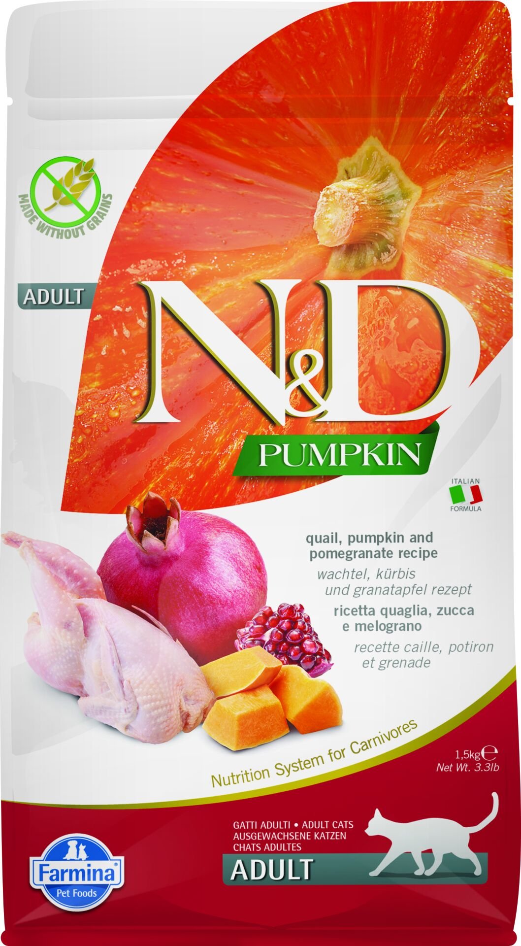 N&D Pumpkin Bıldırcın Etli Bal Kabaklı ve Narlı Tahılsız Yetişkin Kedi Maması 1,5 Kg