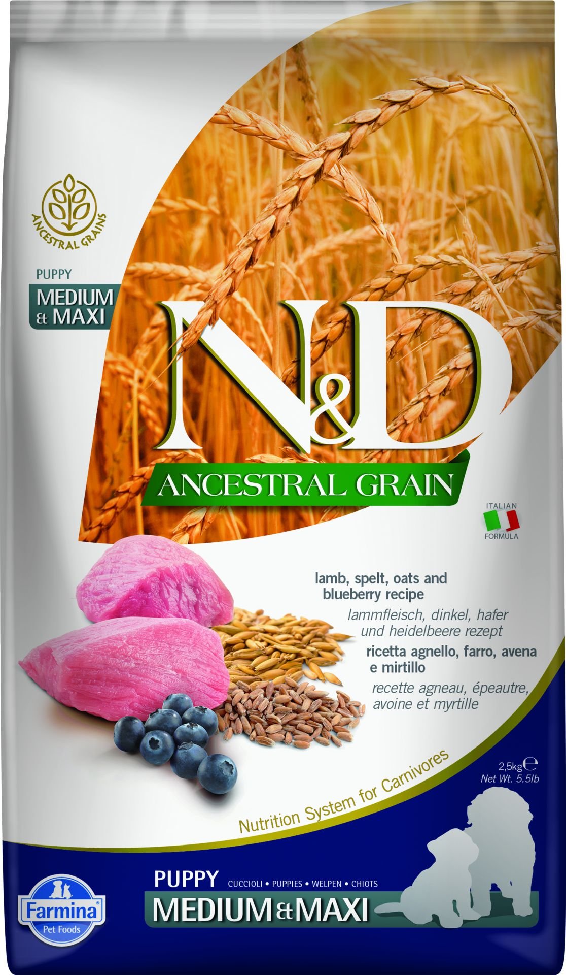 N&D Ancestral Grain Kuzu Etli Yaban Mersinli Orta ve Büyük Irk Düşük Tahıllı Yavru Köpek Maması 2,5 Kg
