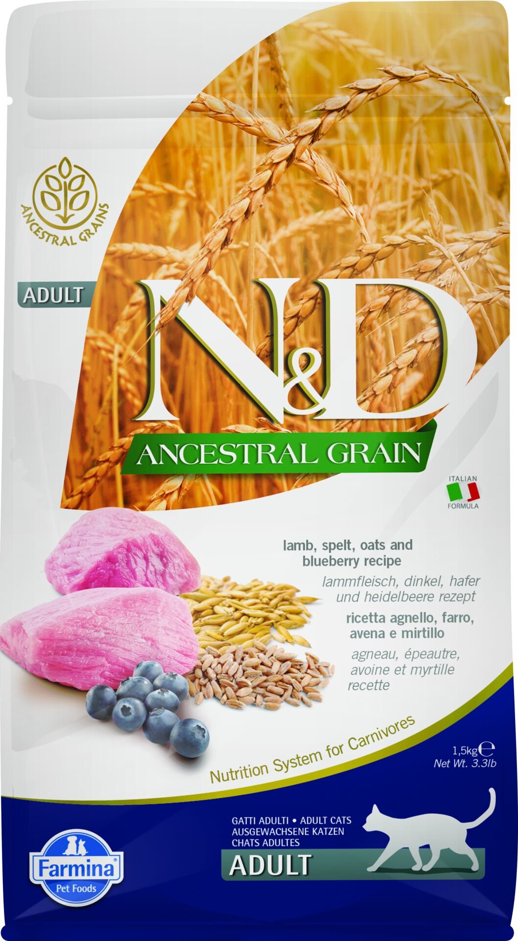 N&D Ancestral Grain Kuzu Etli ve Yaban Mersinli Düşük Tahıllı Yetişkin Kedi Maması 1,5 Kg