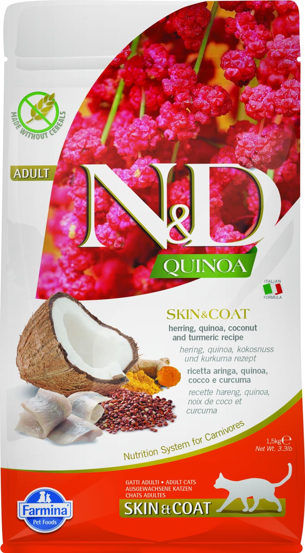 N&D Quinoa Skin&Coat Ringa Balıklı Kinoalı Hindistan Cevizli Yetişkin Kedi Maması 1,5 Kg