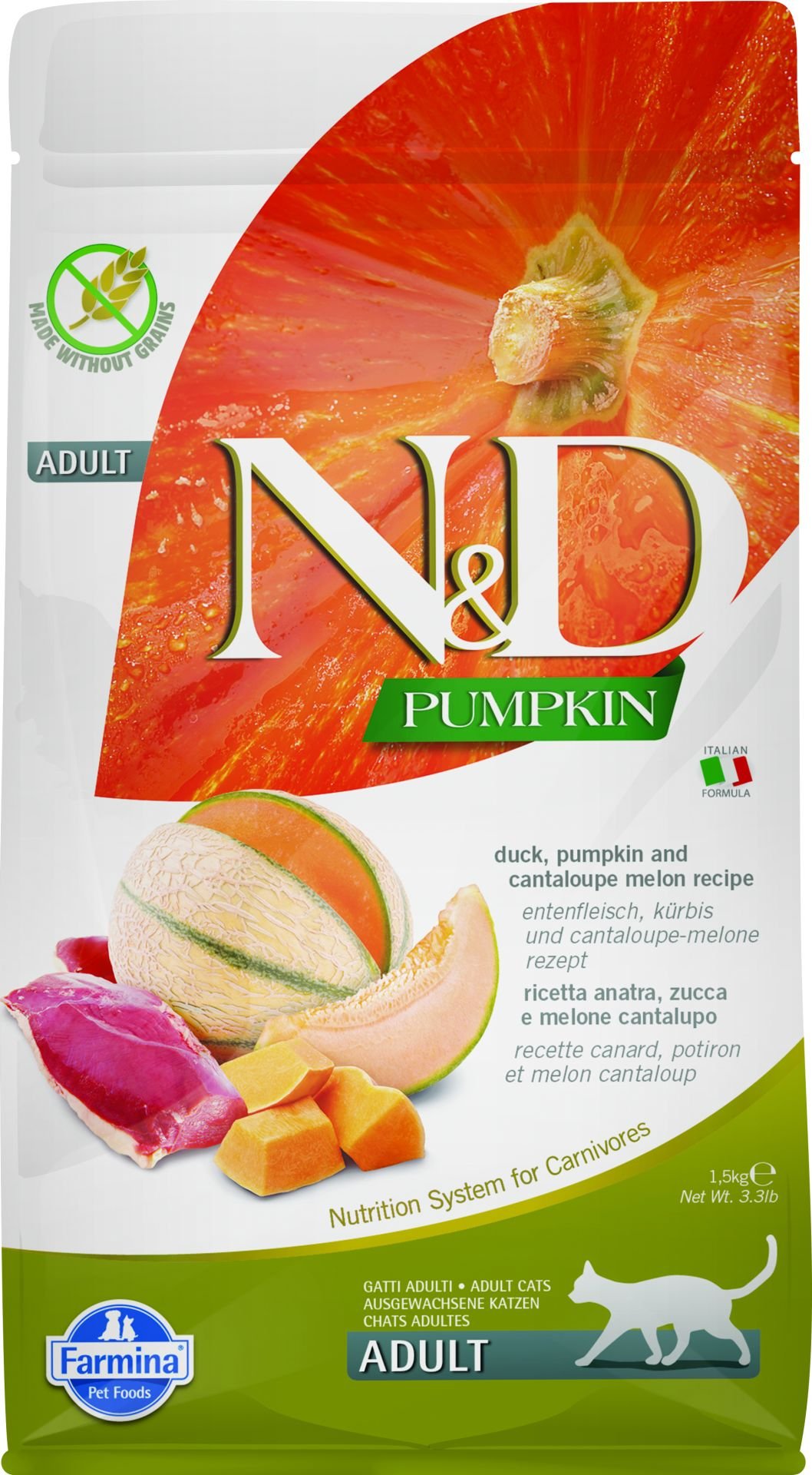 N&D Pumpkin Bal Kabaklı Ördek Etli Kavunlu Tahılsız Yetişkin Kedi Maması 1.5 Kg
