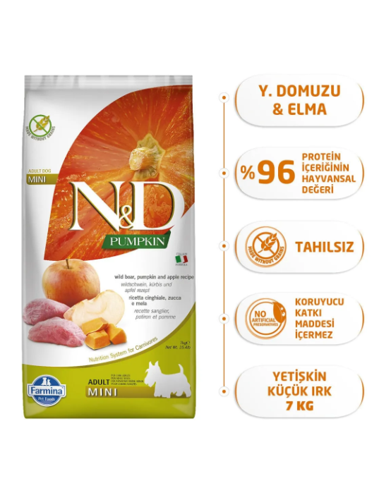 N-D Pumpkin Tahılsız Bal Kabaklı, Yaban Domuzu Etli Ve Elmalı Ufak Irk Yetişkin Köpek Maması 7 Kg