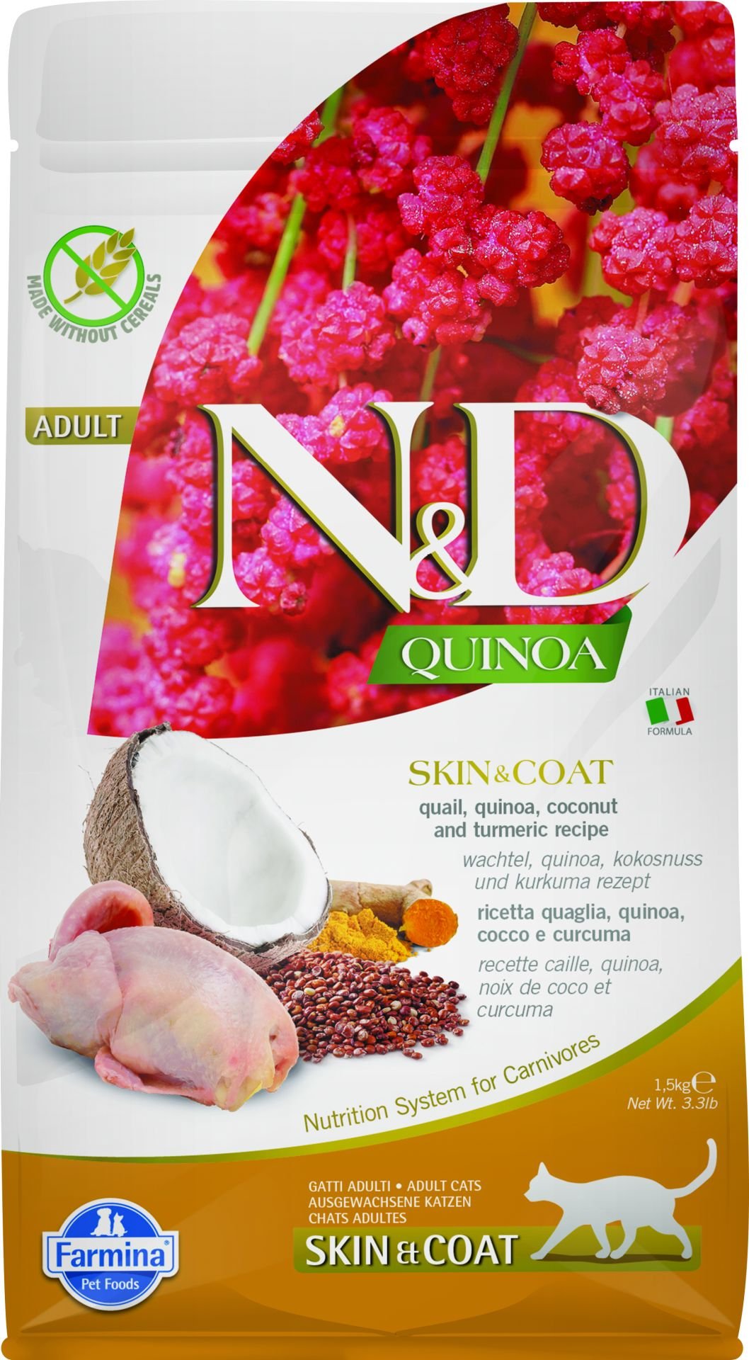 N&D Quinoa Skin&Coat Bıldırcın Etli Kinoalı Hindistan Cevizli Yetişkin Kedi Maması 1,5 Kg