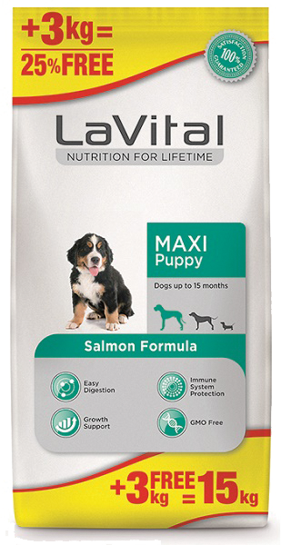LaVital Maxi Puppy Somon Balıklı Büyük Irklar İçin Yavru Köpek Maması 12+3 Kg