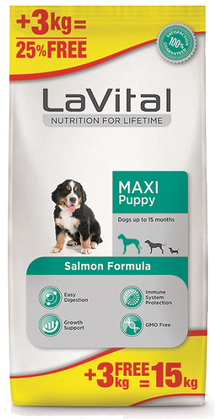 LaVital Maxi Puppy Somon Balıklı Büyük Irklar İçin Yavru Köpek Maması 12+3 Kg