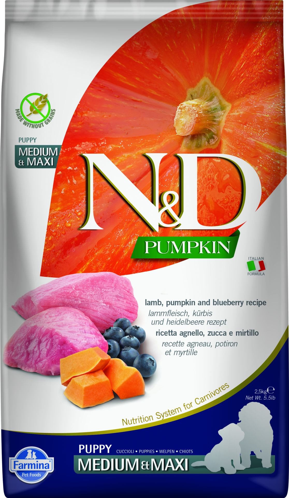 N&D Pumpkin Bal Kabaklı Kuzulu ve Yaban Mersinli Orta ve Büyük Irk Tahılsız Yavru Köpek Maması 2,5 Kg