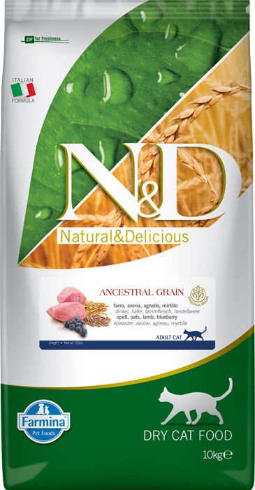 N&D Ancestral Grain Kuzu Etli ve Yaban Mersinli Düşük Tahıllı Yetişkin Kedi Maması 10 Kg
