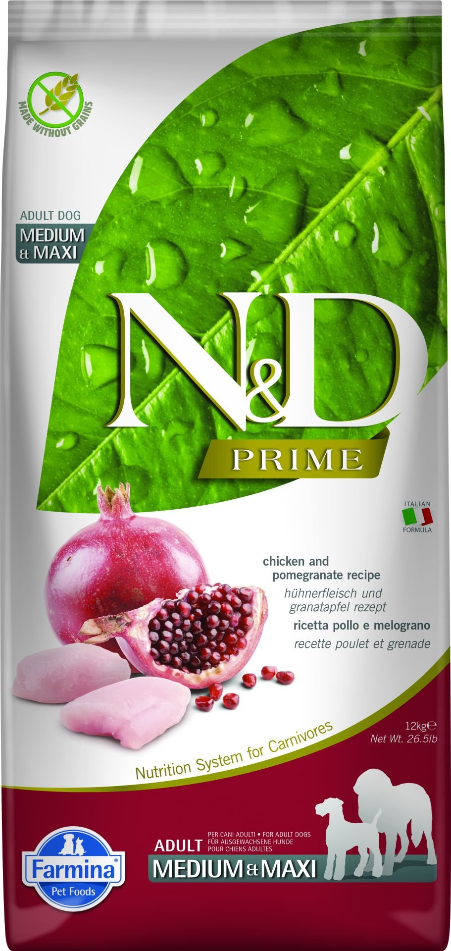 N&D Prime Tavuk Etli ve Narlı Orta ve Büyük Irk Tahılsız Yetişkin Köpek Maması 12 Kg