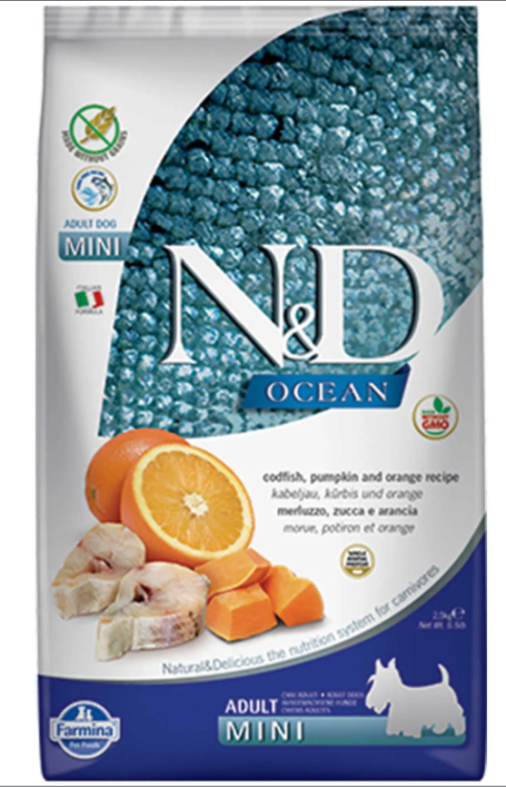 N&D Ocean Tahılsız Morina Balığı Balkabağı ve Portakallı Küçük Irk Yetişkin Köpek Maması 7 Kg