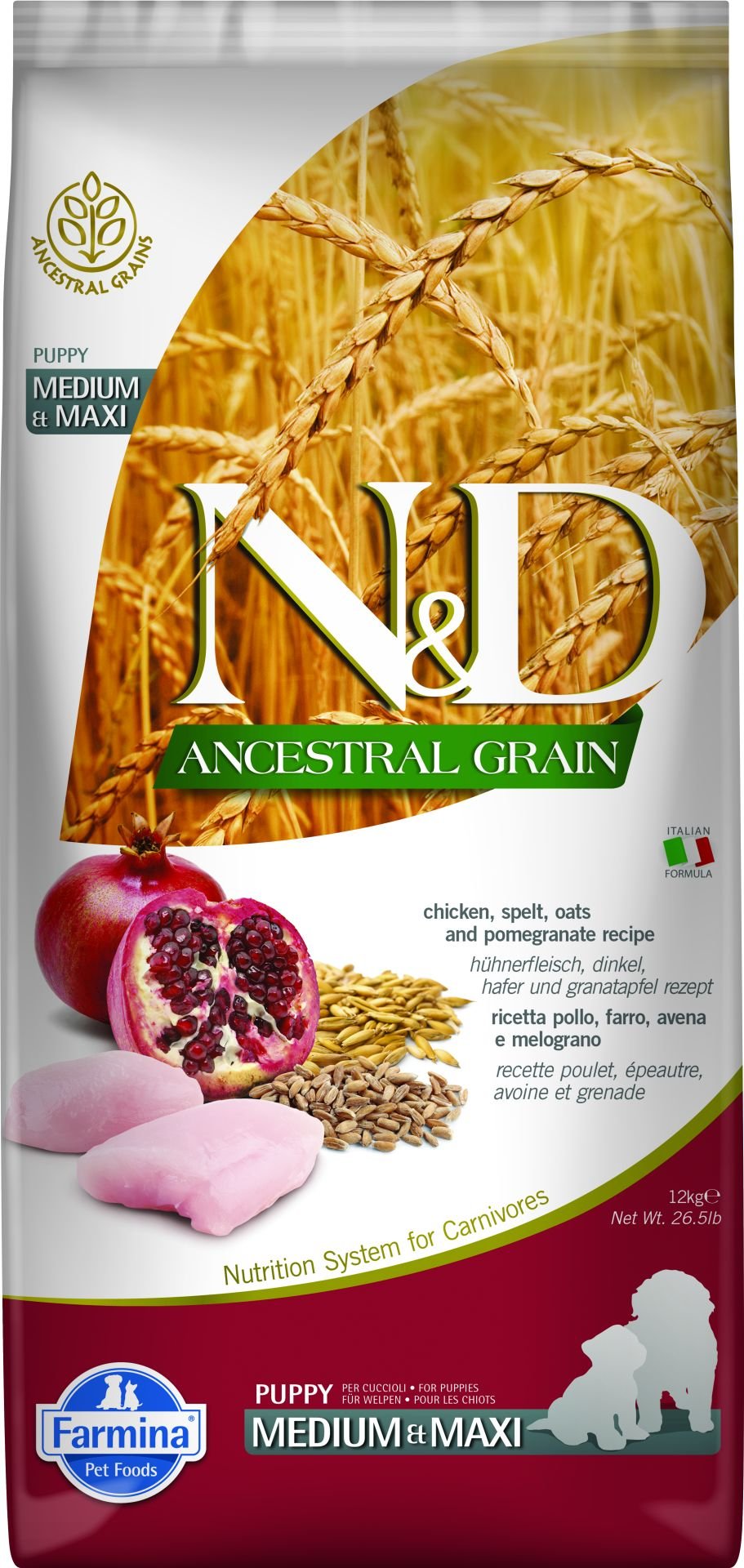 N&D Ancestral Grain Tavuk Etli ve Narlı Orta ve Büyük Irk Düşük Tahıllı Yavru Köpek Maması 12 Kg