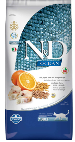 N & D Ocean Morina Balıklı ve Portakallı Düşük Tahıllı Yetişkin Kedi Maması 5 kg