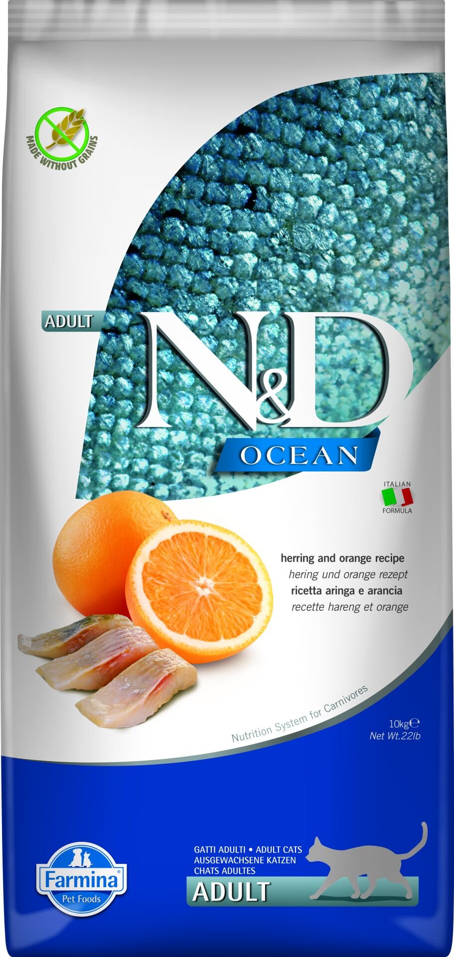 N&D Ocean Ringa Balıklı ve Portakallı Tahılsız Yetişkin Kedi Maması 10 Kg