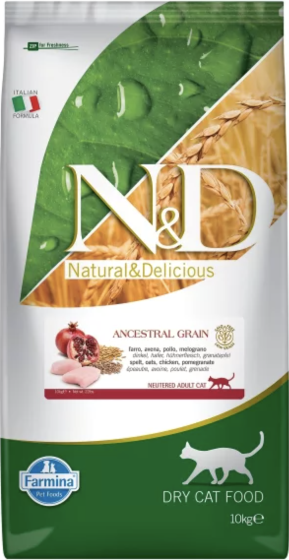 N&D Ancestral Grain Tavuklu ve Narlı Düşük Tahıllı Kısırlaştırılmış Kedi Maması 10 Kg