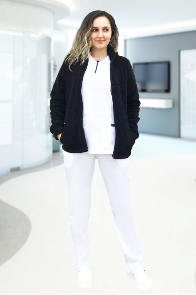 Kadın Cep Detaylı Siyah Polar Hastane Ceketi