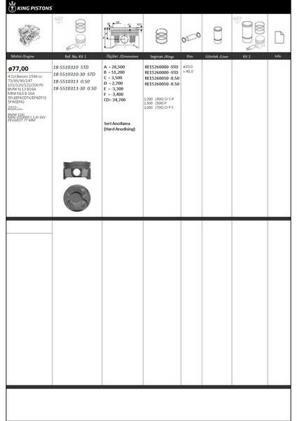 PISTON SEGMAN STD 77.00mm BMW N13 B16 F20 F30 MINI N18 R55 R56 R58 R59 R60 PEUGEOT 5FW EP6 5008 308 3008 207 CITROEN C3 C4-KINGPISTON 18-5510310-11257601181-11257584117-0628W4