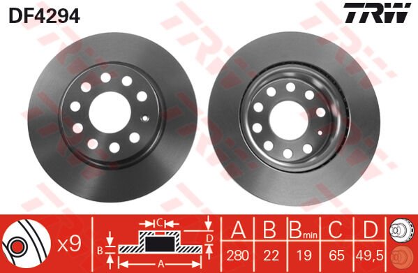 ÖN FREN AYNASI GOLF V-VI-JETTA III-IV-CADDY III-A3 03 LEON 05 TOLEDO-OCTAVIA 04 280x22x9DLxHAVALI-TRW DF4294-1K0615301S-1K0615301AC-1K0615301AK