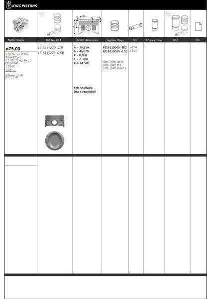 PİSTON SEGMAN 75 STD PEUGEOT-CITROEN C-ELYSEE 1.2 VTI 301 1.2 VTI 1.2 VTİ 72 HP EURO 5-EB2 M 301 -1.2 16V-KING-PISTON-1608520180