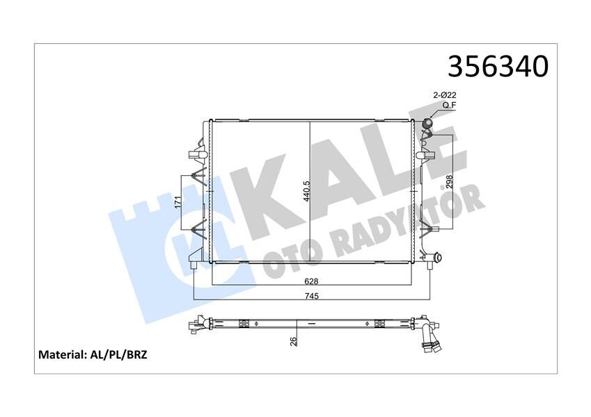 ARA SOĞUTUCU RADYATÖR YETI-BEETLE-CADDY IV-GOLF VI-JETTA IV-SCIROCCO LT RADYATÖR AL/BRZ 628X440.5X26-KALE-5K0121251S