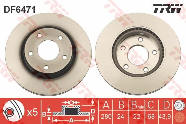 ÖN FREN AYNASI NISSAN JUKE 10 19 PULSAR 14 280x24x43.9 5 DELİK-TRW DF6471-402061KA2A-402061KA3A-402061KA3B