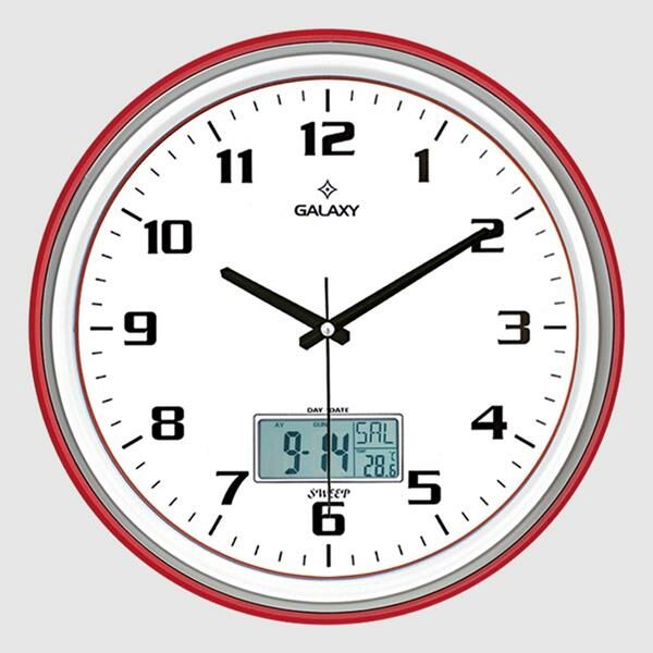 T-1971-NG DUVAR SAATİ KIRMIZI-GRİ ÇİZGİ ÇERÇEVELİ 35.5CM TAKVİMLİ TERMOMETRELİ HİGROMETRELİ ANALOG VE DİJİTAL GÖSTERGELİ AMERİKAN BRİSTOL KADRAN AKAR SANİYELİ MEKANİZ METALİK AKREP/YELOKOVAN/SANİYE-SAAT T-1971-KIG-SAAT T-1971-KIG