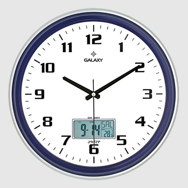 DUVAR SAATİ LACİVERT-GRİ ÇİZGİ ÇERÇEVELİ 35.5CM TAKVİMLİ TERMOMETRELİ HİGROMETRELİ ANALOG VE DİJİTAL GÖSTERGELİ AMERİKAN BRİSTOL KADRAN AKAR SANİYELİ MEKANİZ METALİK AKREP/YELOKOVAN/SANİYE MİNERAL CAM-SAAT T-1971-LG-SAAT T-1971-LG