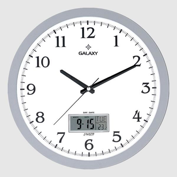 DUVAR SAATİ GRİ ÇERÇEVELİ 35.5CM TAKVİMLİ TERMOMETRELİ HİGROMETRELİ ANALOG VE DİJİTAL GÖSTERGELİ AMERİKAN BRİSTOL KADRAN AKAR SANİYELİ MEKANİZ METALİK AKREP/YELOKOVAN/SANİYE MİNERAL CAM-SAAT T-1971-G-SAAT T-1971-G