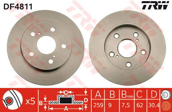 ARKA FREN AYNASI AURIS-COROLLA 1.33-1.4-1.6-1.8 259x9x5DLxHAVALI-TRW DF4811-4243112260