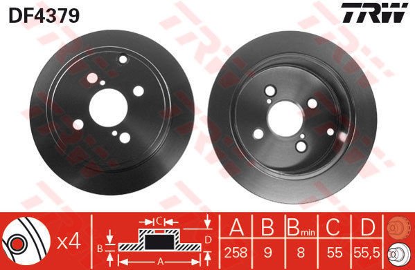 ARKA FREN AYNASI COROLLA 1.4 VVTi-1.6 VVTi-1.8 VVTLi 02 1.8 VVTLi 05 258x9x4DL-TRW DF4379-4243102070-4243102071