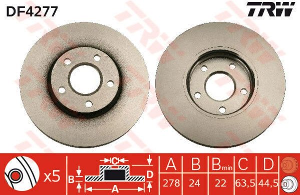 ON FREN DISK AYNASI CONNECT 1.8TDCI 02 13 ABS LI 278x24x5DL HAVALI-TRW DF4277-2T141125CC-1361298-1361300